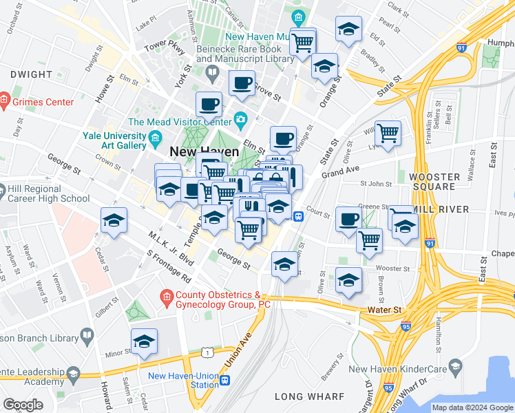 map of restaurants, bars, coffee shops, grocery stores, and more near 770 Chapel Street in New Haven