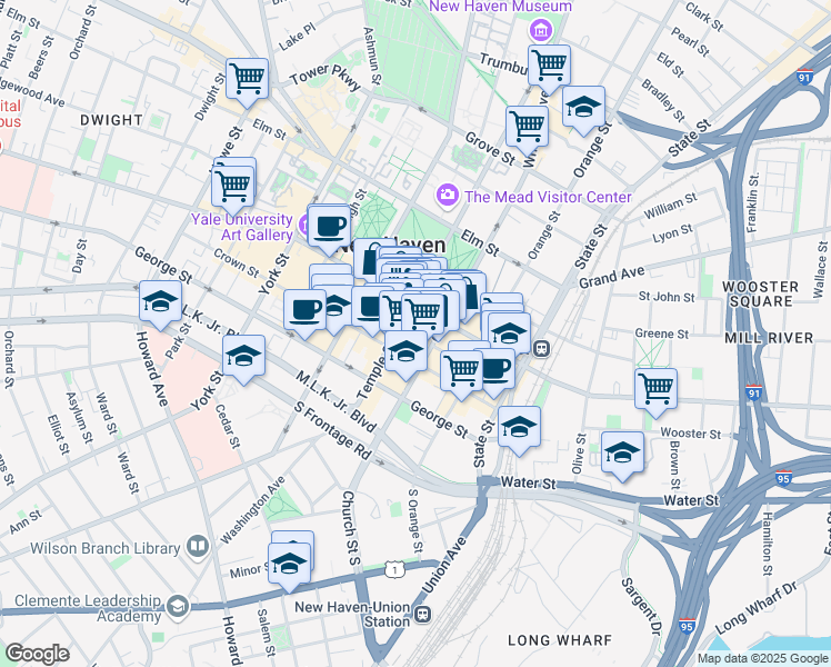 map of restaurants, bars, coffee shops, grocery stores, and more near in New Haven