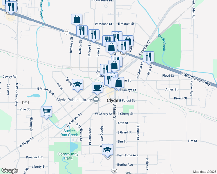 map of restaurants, bars, coffee shops, grocery stores, and more near 117 West Buckeye Street in Clyde