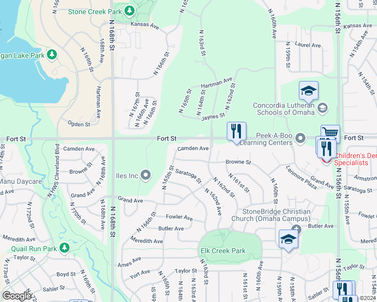 map of restaurants, bars, coffee shops, grocery stores, and more near 16403 Camden Avenue in Omaha