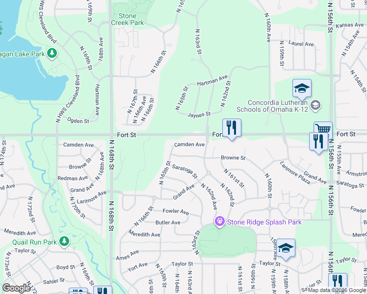 map of restaurants, bars, coffee shops, grocery stores, and more near 16403 Camden Avenue in Omaha