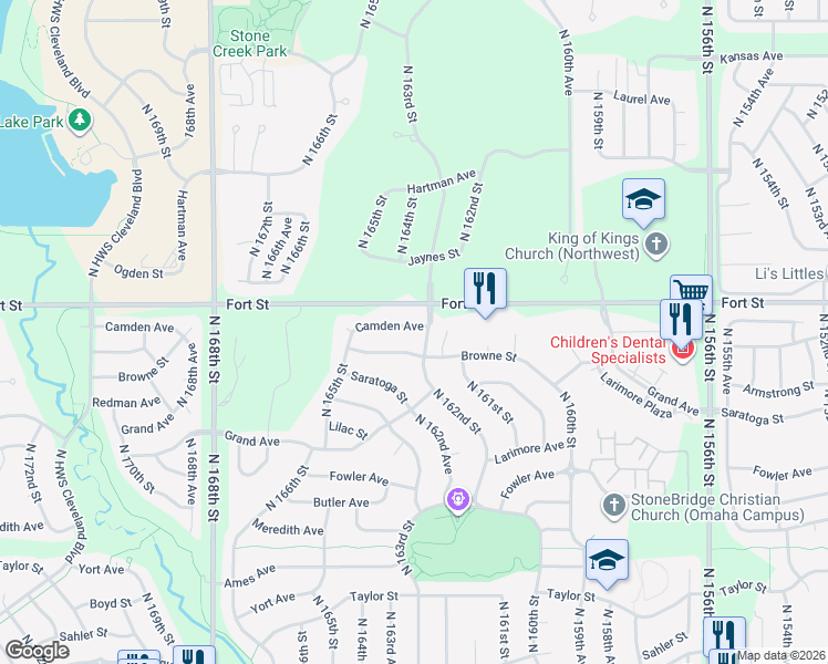 map of restaurants, bars, coffee shops, grocery stores, and more near 16209 Camden Avenue in Omaha