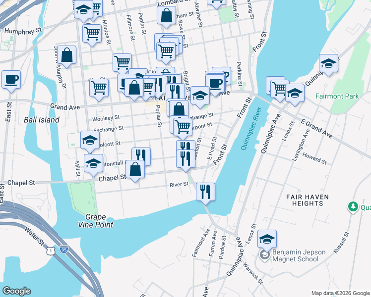 map of restaurants, bars, coffee shops, grocery stores, and more near 48 Houston Street in New Haven