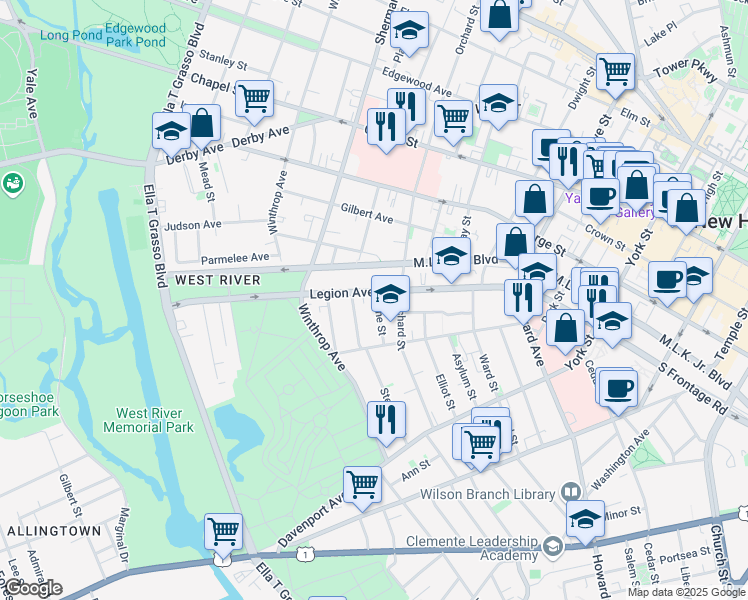 map of restaurants, bars, coffee shops, grocery stores, and more near 32 Vine Street in New Haven