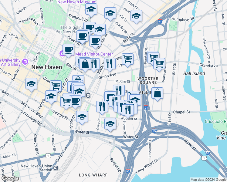 map of restaurants, bars, coffee shops, grocery stores, and more near Greene Street & Academy Street in New Haven