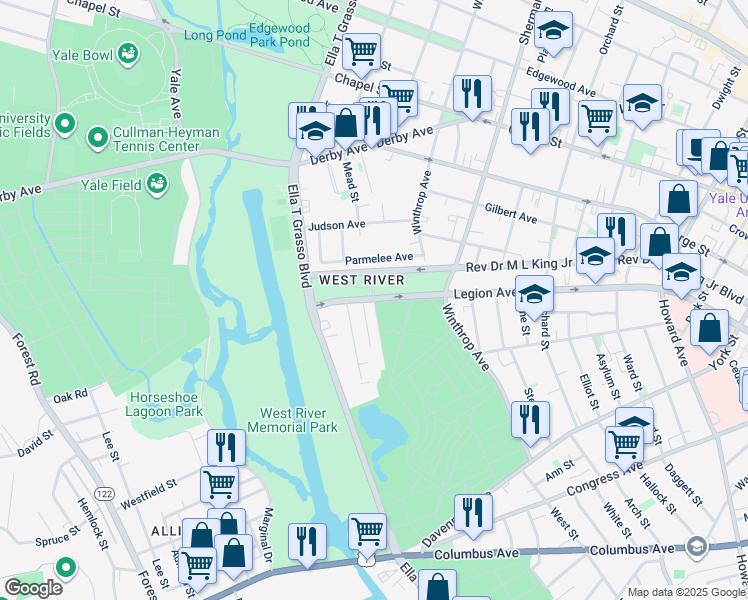 map of restaurants, bars, coffee shops, grocery stores, and more near 104 Tyler Street in New Haven