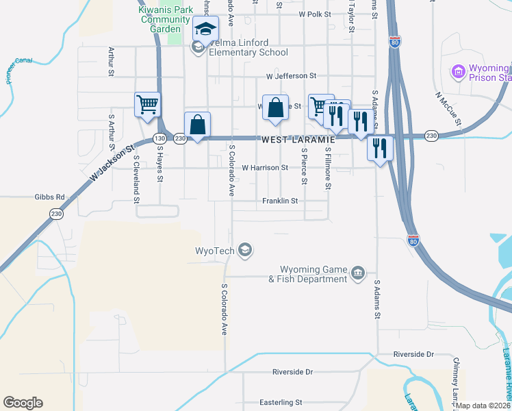 map of restaurants, bars, coffee shops, grocery stores, and more near Franklin St in Laramie