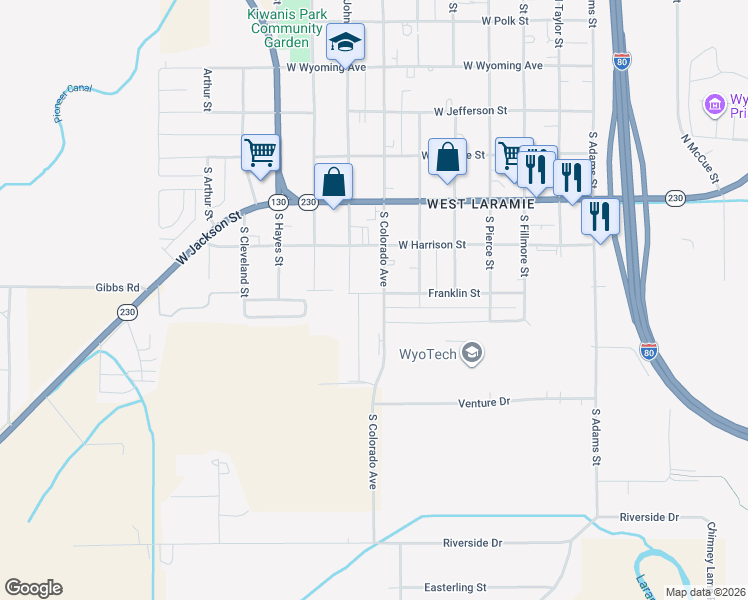 map of restaurants, bars, coffee shops, grocery stores, and more near 622 South Colorado Avenue in Laramie