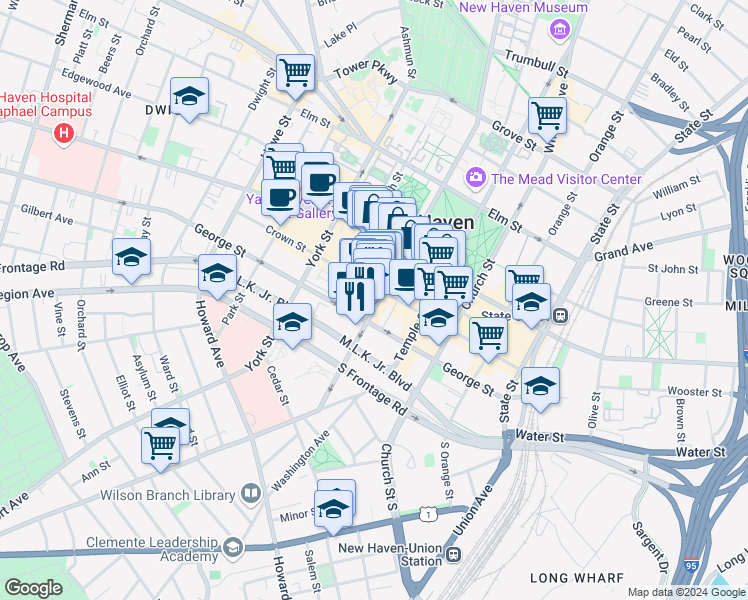 map of restaurants, bars, coffee shops, grocery stores, and more near 196 College Street in New Haven