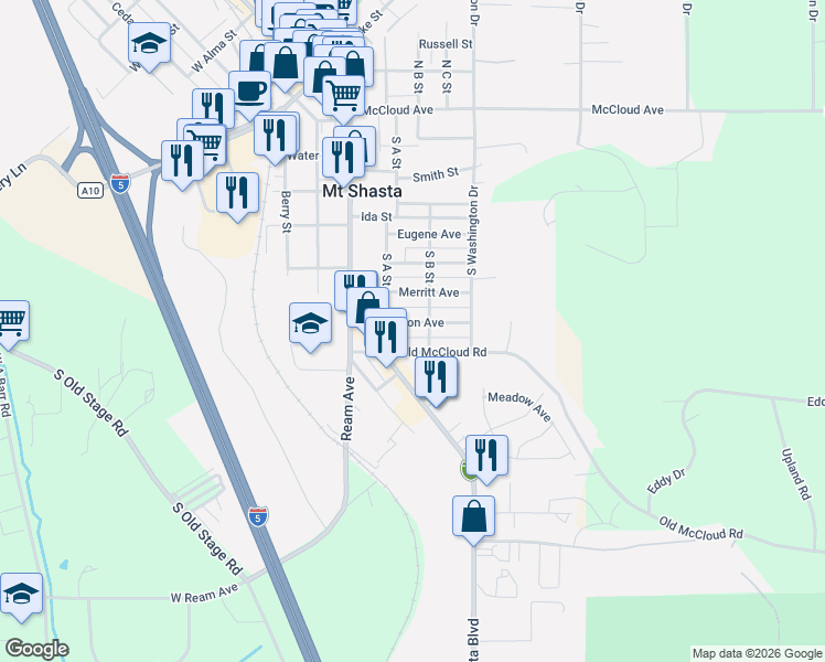 map of restaurants, bars, coffee shops, grocery stores, and more near 216 Old McCloud Road in Mount Shasta