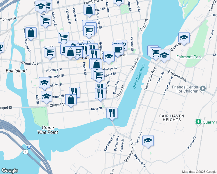 map of restaurants, bars, coffee shops, grocery stores, and more near 48 Houston Street in New Haven