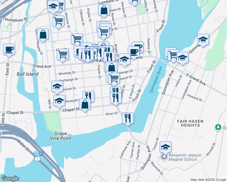 map of restaurants, bars, coffee shops, grocery stores, and more near 13 Saltonstall Avenue in New Haven
