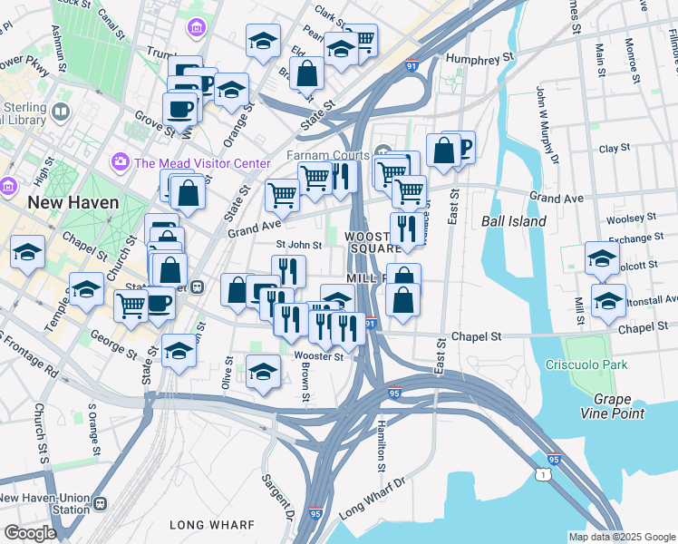 map of restaurants, bars, coffee shops, grocery stores, and more near 209 Greene Street in New Haven