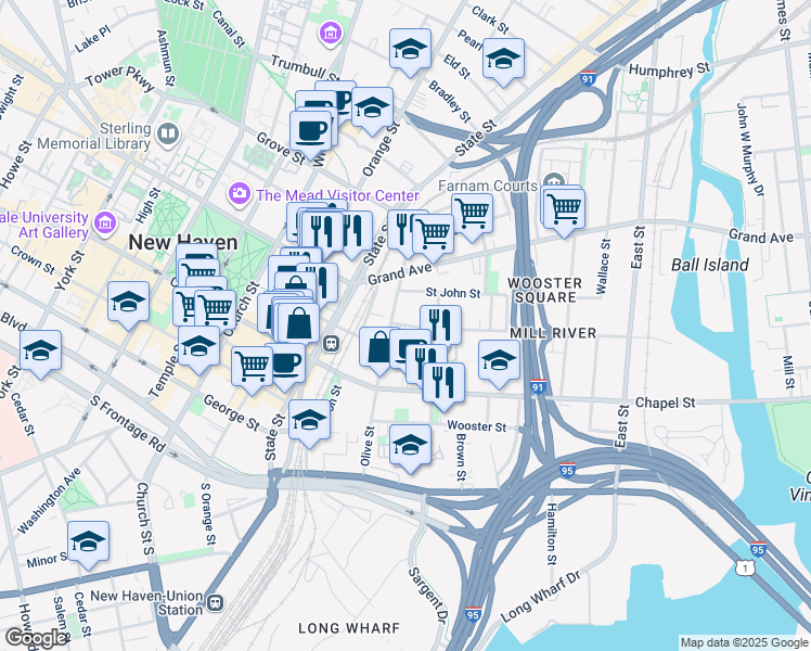 map of restaurants, bars, coffee shops, grocery stores, and more near 99 Olive Street in New Haven