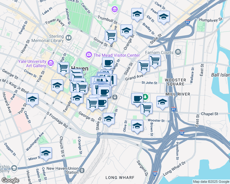 map of restaurants, bars, coffee shops, grocery stores, and more near 360 State Street in New Haven
