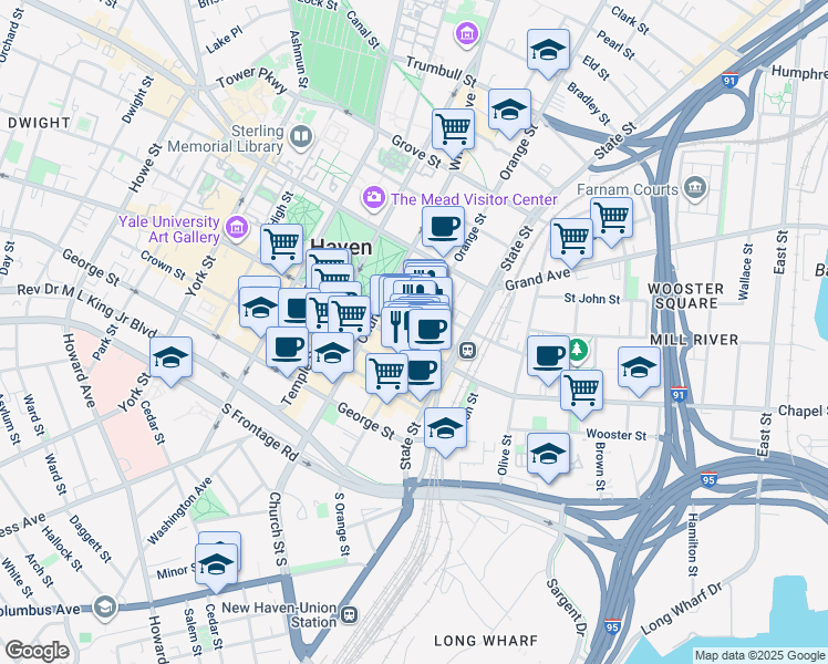 map of restaurants, bars, coffee shops, grocery stores, and more near 770 Chapel Street in New Haven