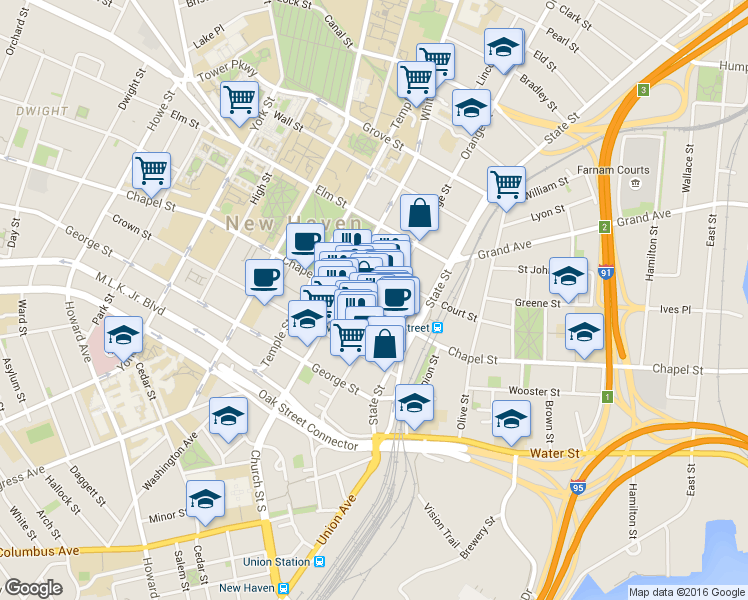 map of restaurants, bars, coffee shops, grocery stores, and more near 770 Chapel Street in New Haven