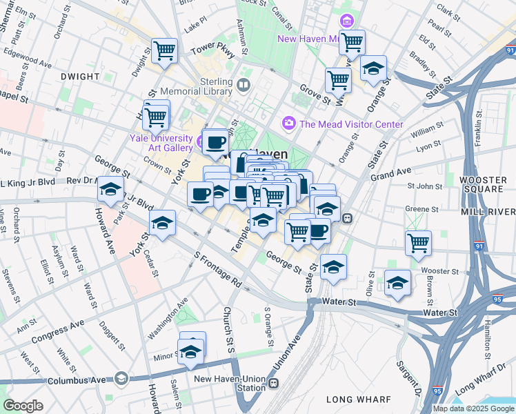 map of restaurants, bars, coffee shops, grocery stores, and more near in New Haven