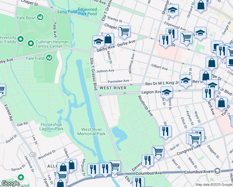 map of restaurants, bars, coffee shops, grocery stores, and more near in New Haven