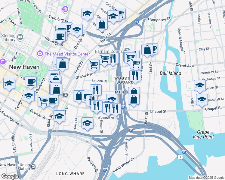 map of restaurants, bars, coffee shops, grocery stores, and more near 209 Greene Street in New Haven