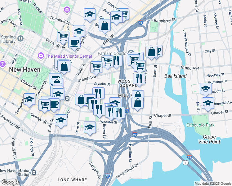 map of restaurants, bars, coffee shops, grocery stores, and more near 209 Greene Street in New Haven