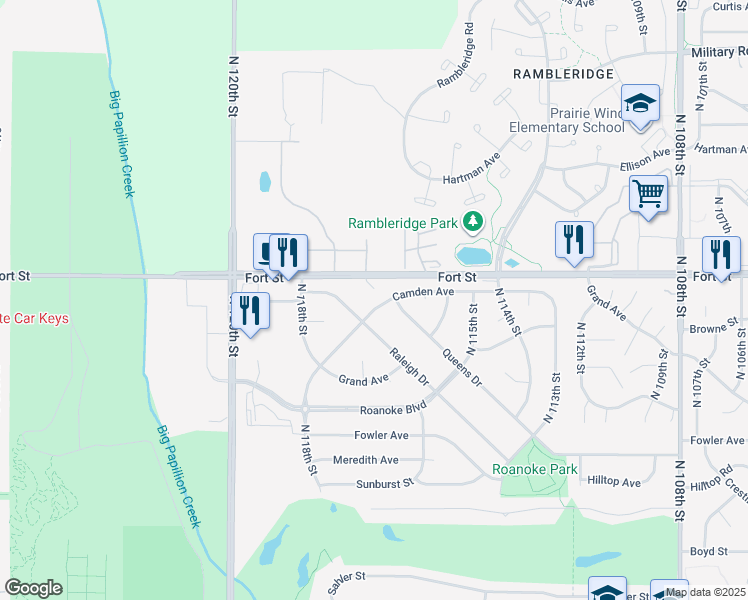 map of restaurants, bars, coffee shops, grocery stores, and more near 11670 Camden Avenue in Omaha