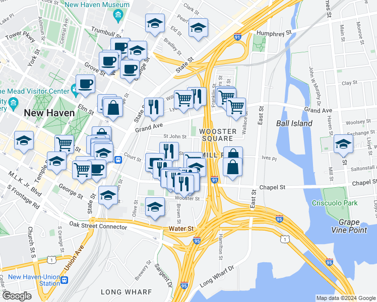 map of restaurants, bars, coffee shops, grocery stores, and more near 237 Greene Street in New Haven