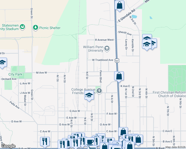 map of restaurants, bars, coffee shops, grocery stores, and more near 404 College Hill Avenue in Oskaloosa