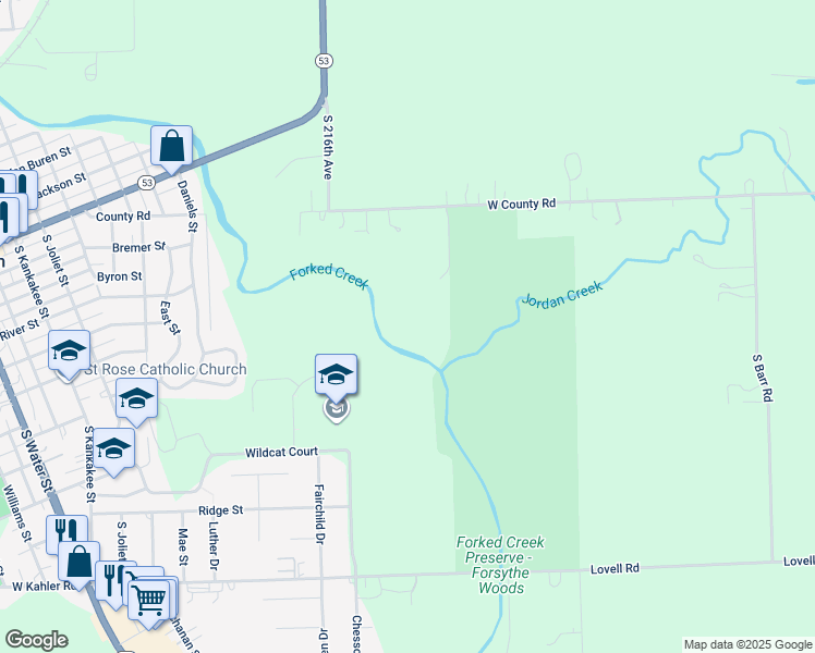 map of restaurants, bars, coffee shops, grocery stores, and more near in Custer Park