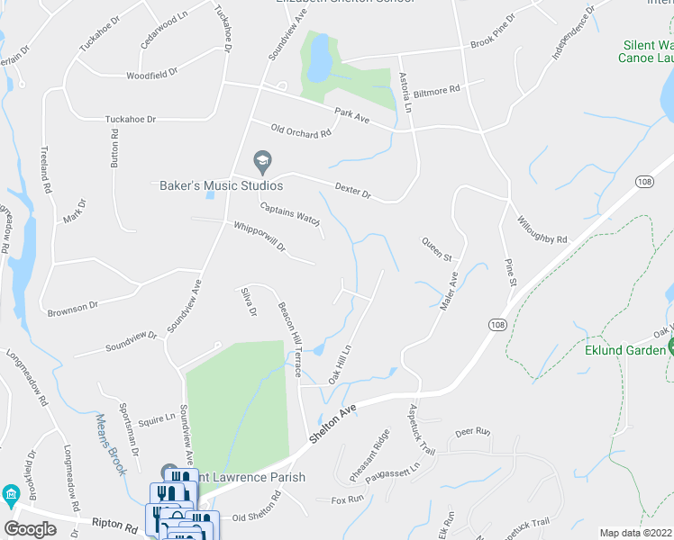 map of restaurants, bars, coffee shops, grocery stores, and more near 3 Carriage Drive in Shelton