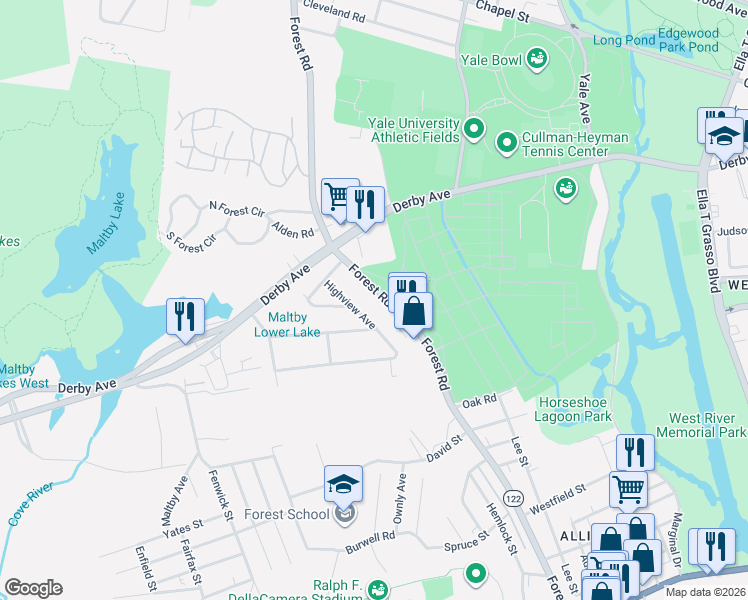 map of restaurants, bars, coffee shops, grocery stores, and more near 560 Forest Road in West Haven