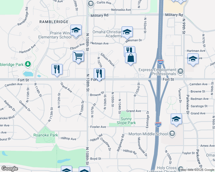map of restaurants, bars, coffee shops, grocery stores, and more near 5114 North 105th Street in Omaha