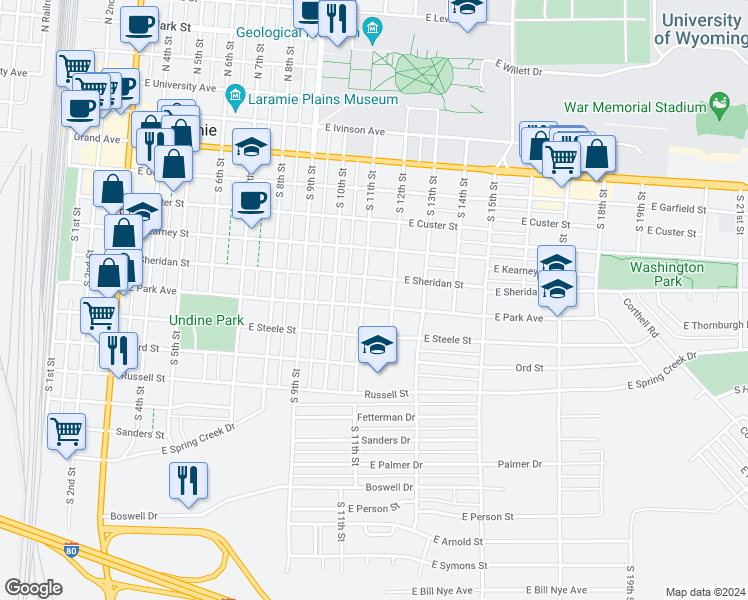 map of restaurants, bars, coffee shops, grocery stores, and more near 805 South 11th Street in Laramie
