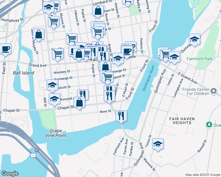 map of restaurants, bars, coffee shops, grocery stores, and more near 48 Houston Street in New Haven