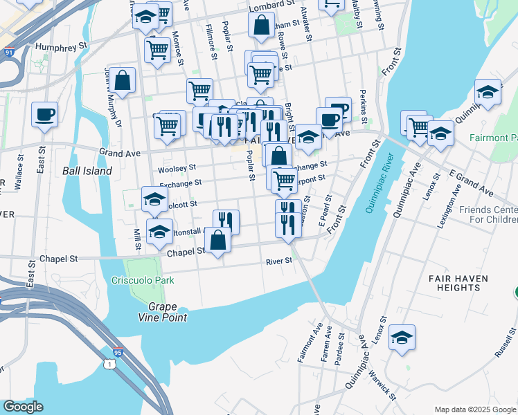 map of restaurants, bars, coffee shops, grocery stores, and more near 138 Poplar Street in New Haven