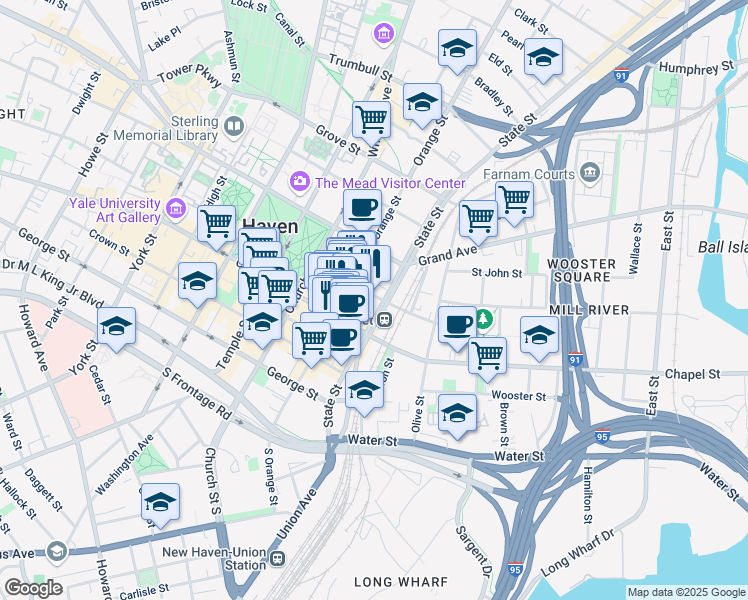 map of restaurants, bars, coffee shops, grocery stores, and more near 360 State Street in New Haven
