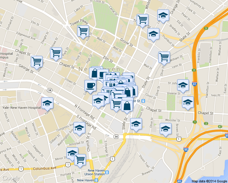 map of restaurants, bars, coffee shops, grocery stores, and more near 848 Chapel Street in New Haven