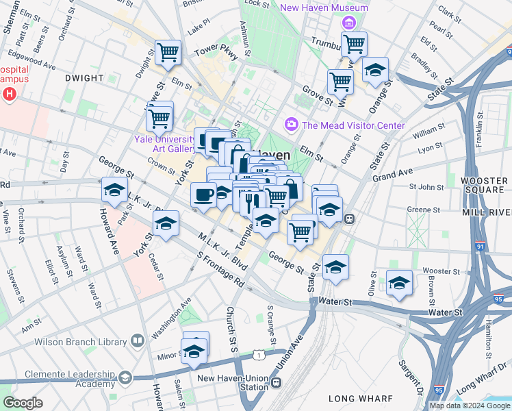 map of restaurants, bars, coffee shops, grocery stores, and more near 199 Crown Street in New Haven