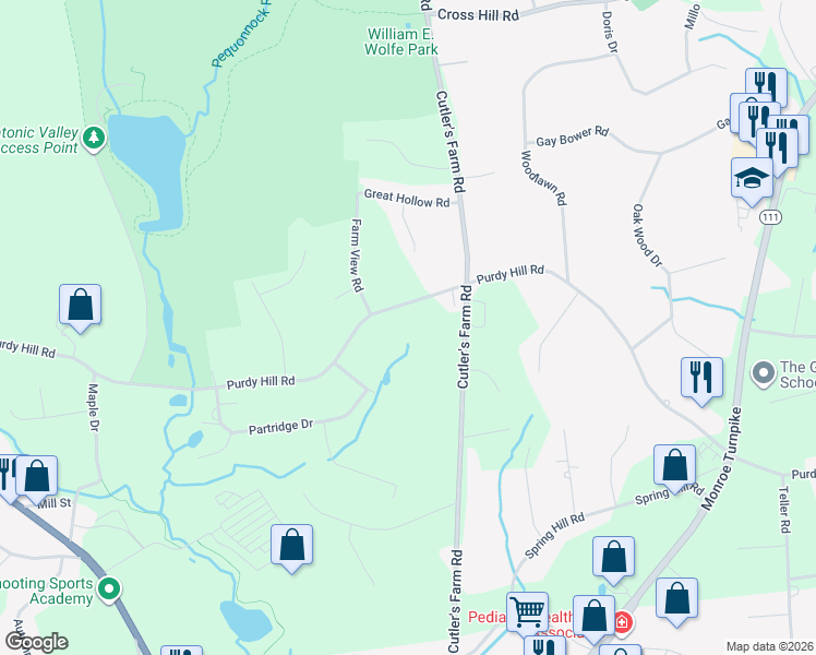 map of restaurants, bars, coffee shops, grocery stores, and more near 323 Purdy Hill Road in Monroe