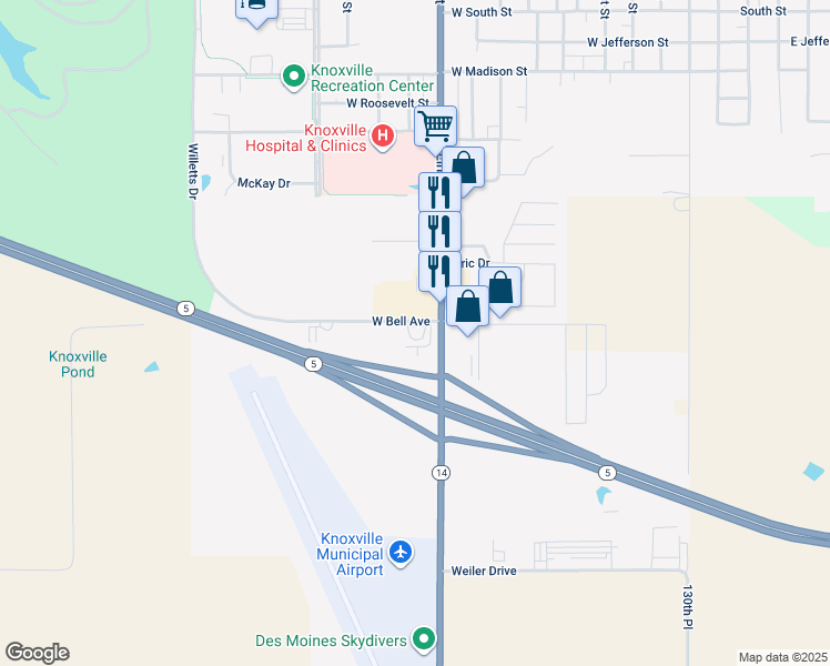 map of restaurants, bars, coffee shops, grocery stores, and more near IA-92 & IA-5 & S Lincoln St in Knoxville
