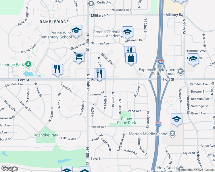 map of restaurants, bars, coffee shops, grocery stores, and more near 5114 North 105th Street in Omaha