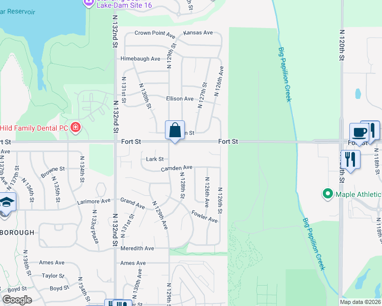 map of restaurants, bars, coffee shops, grocery stores, and more near 12720 Camden Avenue in Omaha