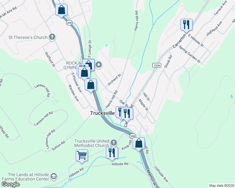 map of restaurants, bars, coffee shops, grocery stores, and more near 166 Oak St in Back Mountain