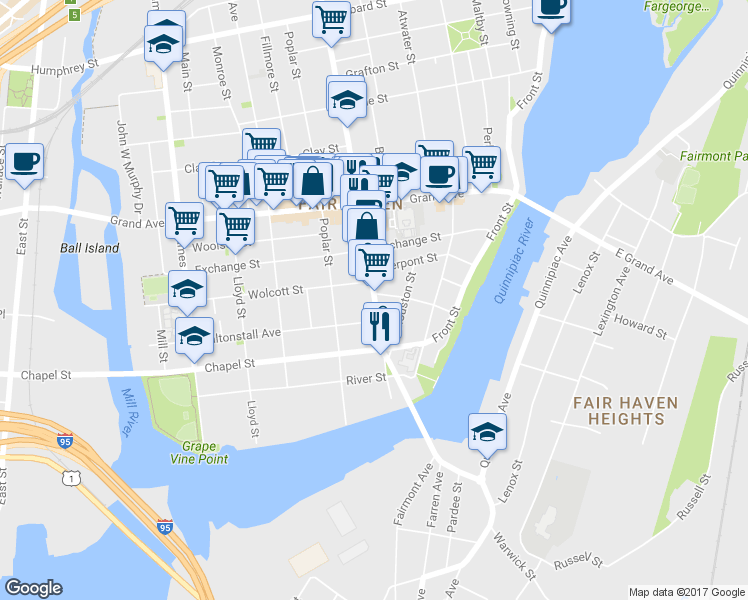 map of restaurants, bars, coffee shops, grocery stores, and more near 222 Ferry Street in New Haven