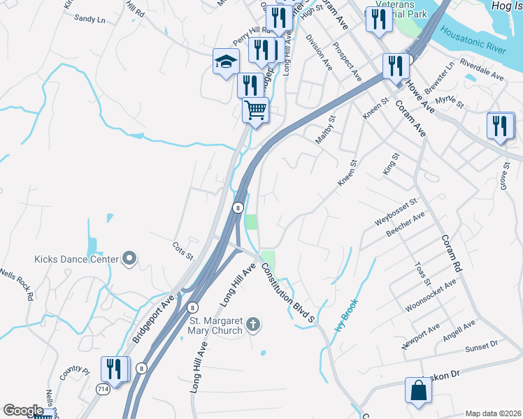map of restaurants, bars, coffee shops, grocery stores, and more near 1B High Plains Road in Shelton