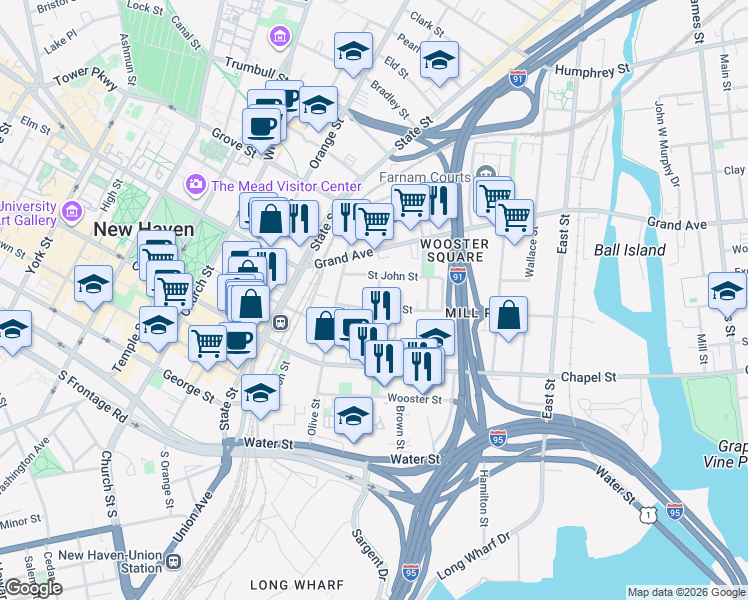 map of restaurants, bars, coffee shops, grocery stores, and more near 1 Hughes Place in New Haven