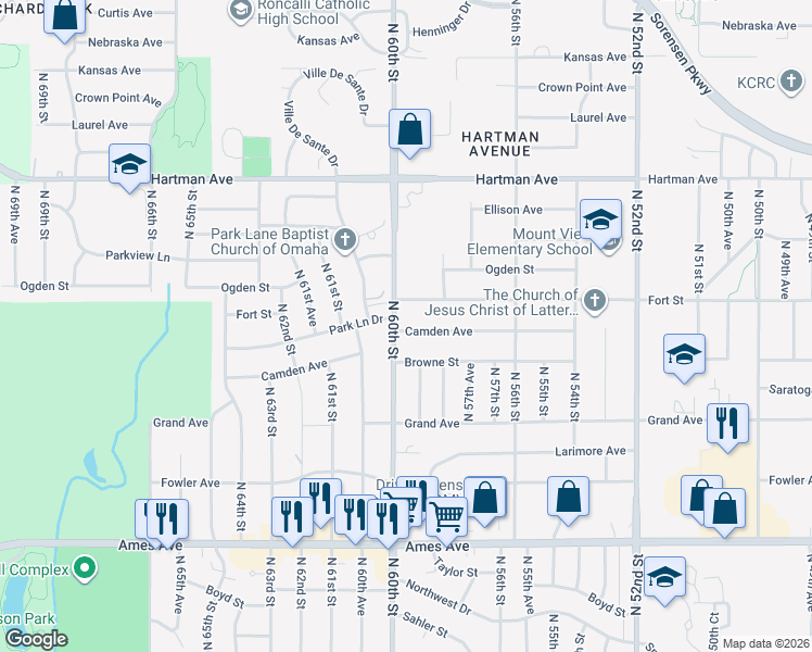 map of restaurants, bars, coffee shops, grocery stores, and more near 5916 Camden Avenue in Omaha
