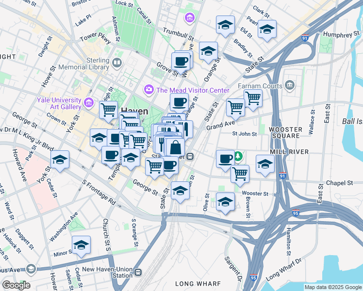 map of restaurants, bars, coffee shops, grocery stores, and more near 360 State Street in New Haven