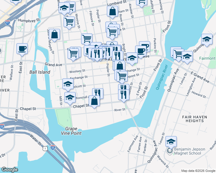 map of restaurants, bars, coffee shops, grocery stores, and more near 138 Poplar Street in New Haven
