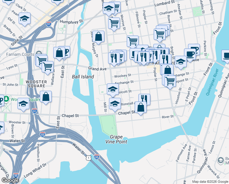 map of restaurants, bars, coffee shops, grocery stores, and more near 100 James Street in New Haven